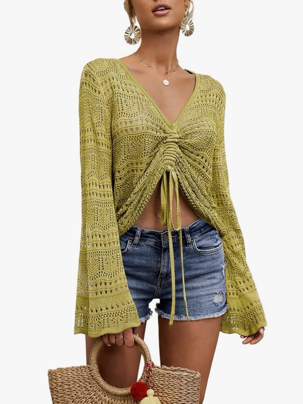 Amazon Yellow Green Crochet V-Neck Drawstring Sweater